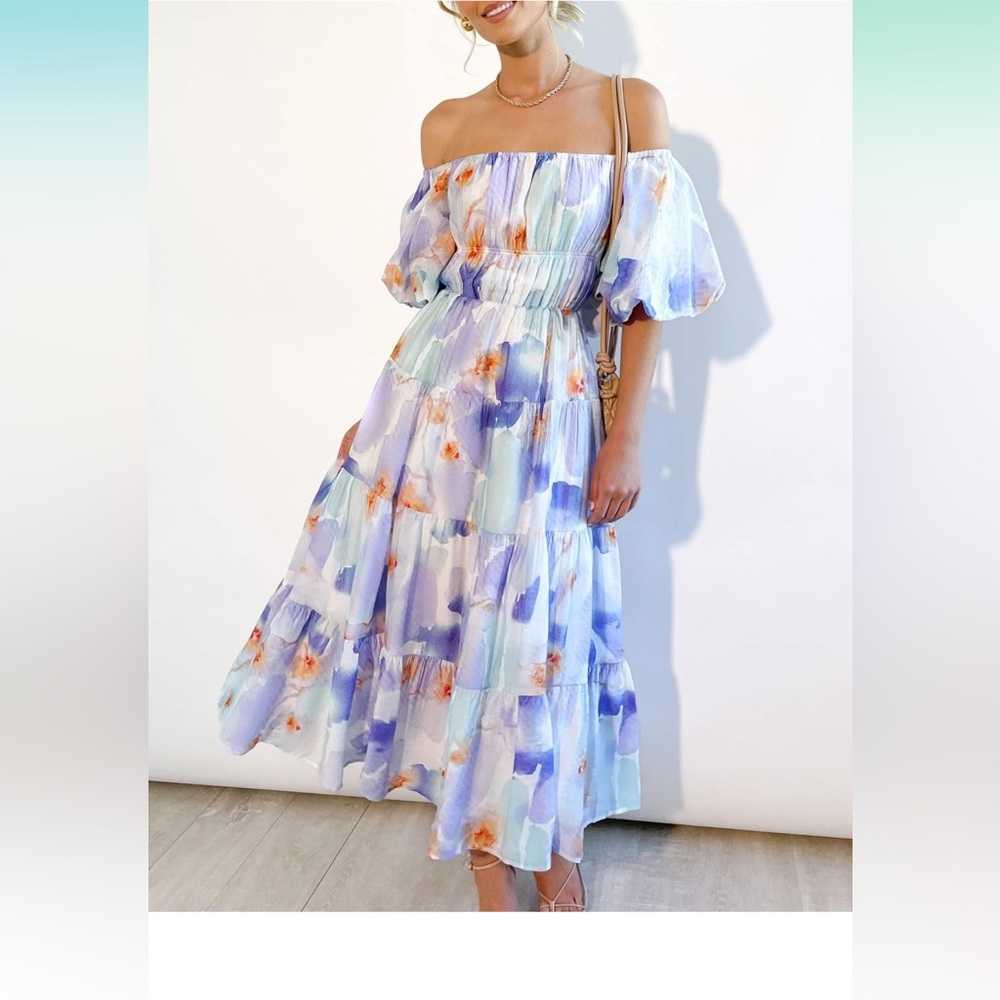 Off-Shoulder Floral Midi Dress in Pastel Blue